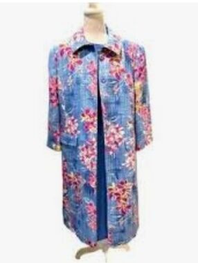 Amanda Smith Blue Coat Dress with Pink Floral Print - Size 18W